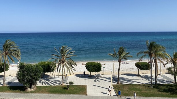 A beach with palm trees, a paved walkway, and the ocean in the background. - Beautiful Seafront 3Bed, 2Bath, wifi, first line in Altea (Altea)