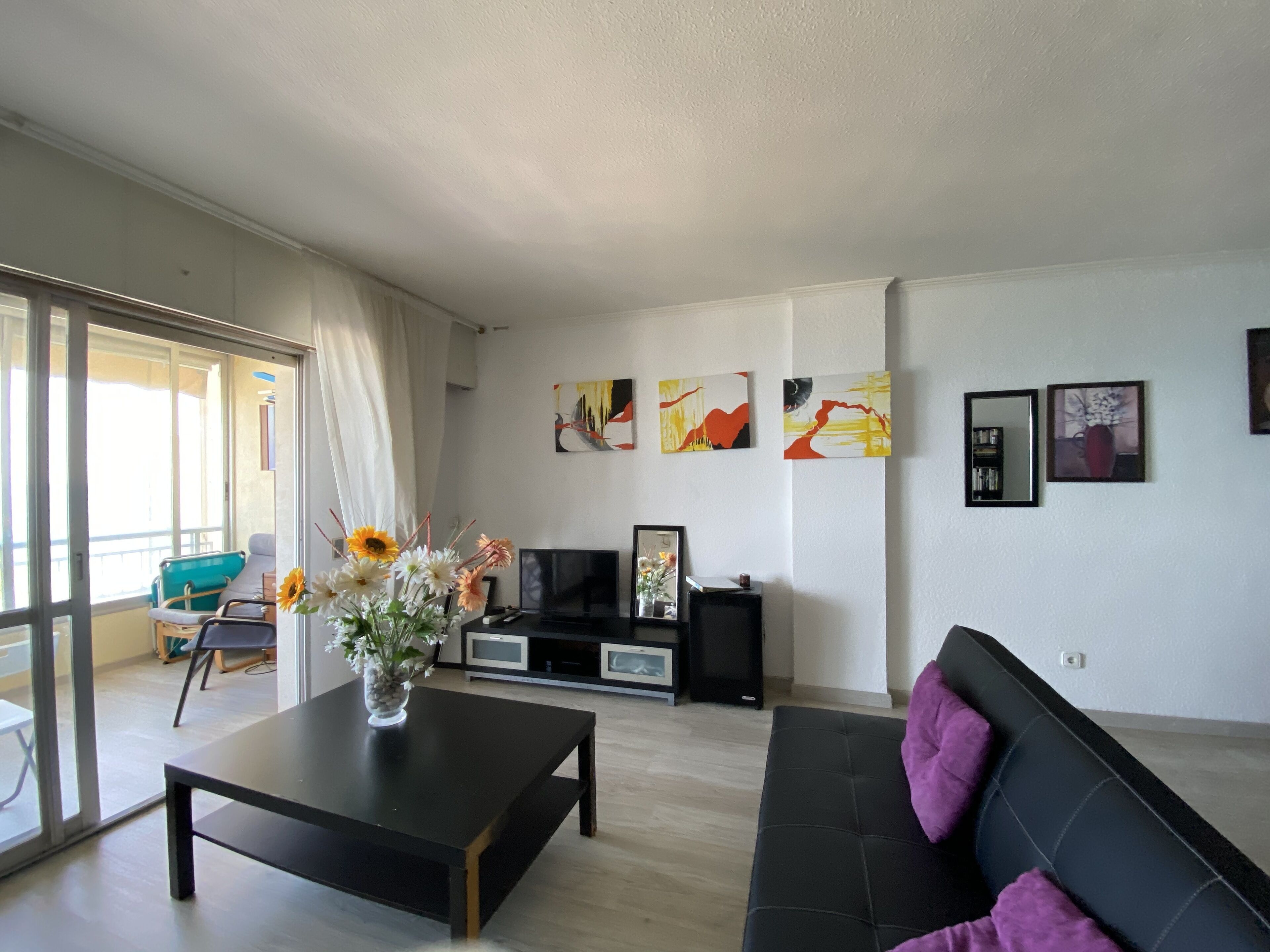 A modern living room with a black sofa, a coffee table with a vase of flowers, a TV stand, and artwork on the wall.