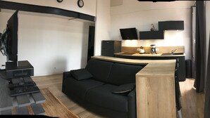 A compact living space with a sofa, a small kitchen area with a sink and countertop, and a television mounted on the wall. - 2 rooms MASSENA pedestrian zone WIFI - CLIM (Nice)