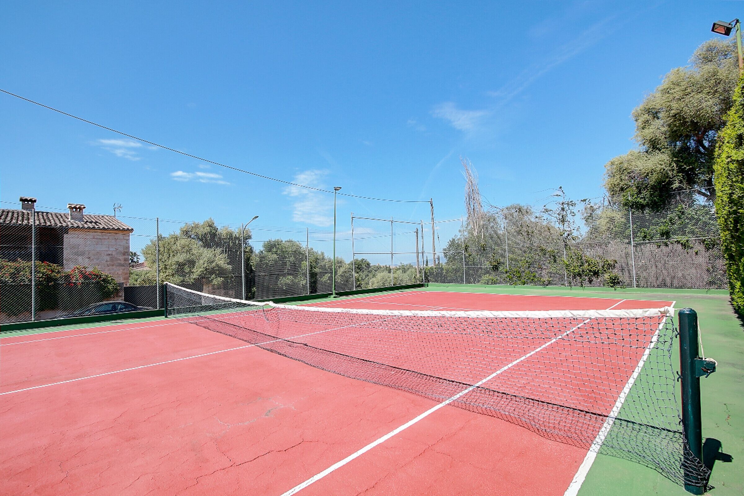 Ein Tennisplatz mit Netz, umgeben von einem Zaun und Bäumen.