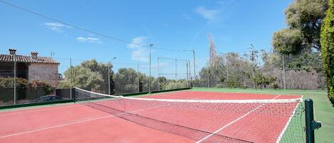 Ein Tennisplatz mit Netz, umgeben von einem Zaun und Bäumen.