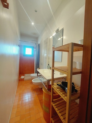 Regadera, secadora de cabello, bidet, toallas
