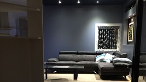 A modern living room with a dark blue accent wall, a grey sofa, and a patterned rug.