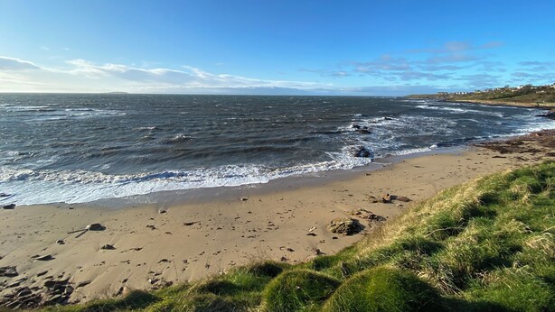 A beach with waves, a clear sky, and a distant shoreline with buildings.