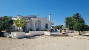 A modern white house with a flat roof, a chimney, and a small garden with potted plants and a few trees. - "House Sbrizza" in the countryside 15 minutes from the sea (Rosolini)