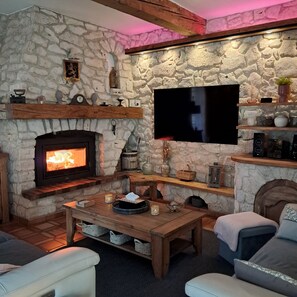 Télévision, cheminée, lecteur de DVD, livres