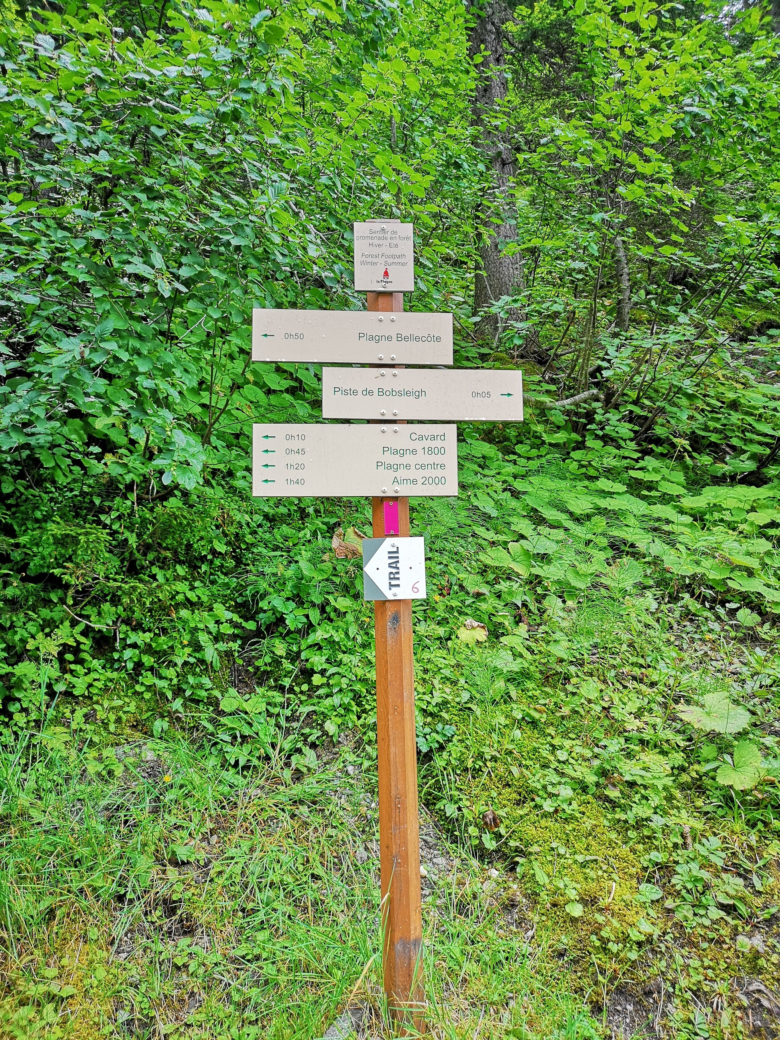 Un panneau indicateur en bois, placé le long d’un sentier, avec des flèches indiquant les directions et des marqueurs de distance, dans une zone boisée.
