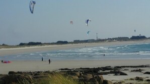 Una playa con gente y cometas.