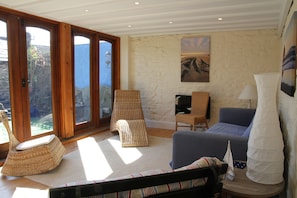 Smart TV, fireplace, DVD player, books