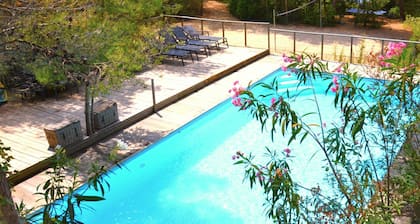 Seafront with direct beach access and private heated pool in a green setting