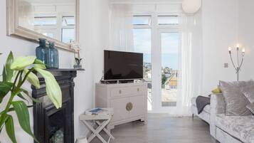 Smart TV, fireplace, DVD player, books