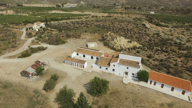 An aerial view of a rural property with a large white building, a smaller structure, and a vineyard in the background.