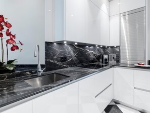 Fridge, microwave, oven, stovetop
