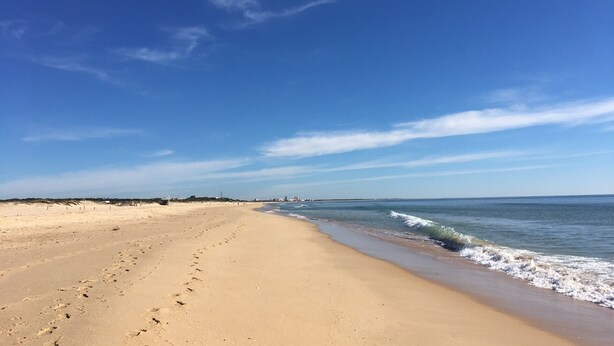 A wide sandy beach with footprints leading to the water, a clear sky, and distant buildings.
