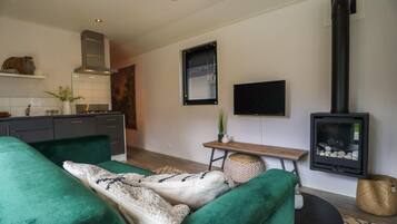 A modern living room with a green sofa, a flat-screen TV, a fireplace, and a kitchen area with white cabinets and a stove.