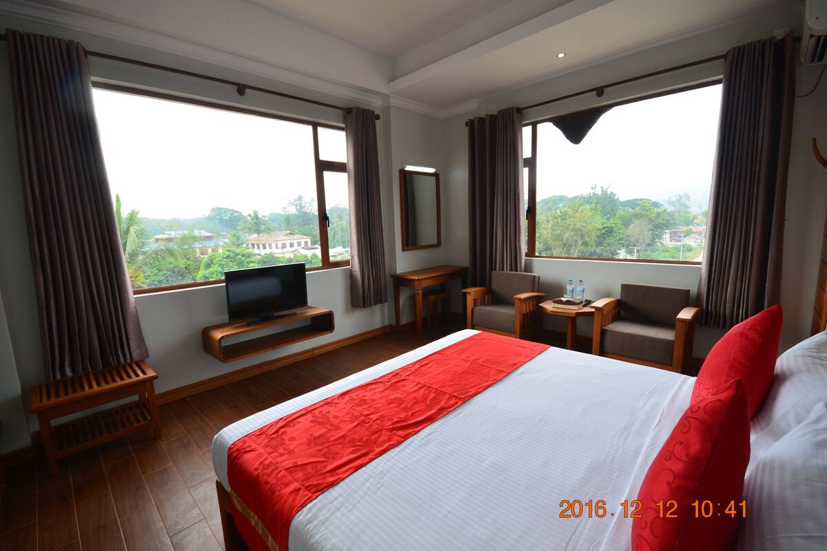 A hotel room with a large bed, a TV, a desk, and a chair. There are windows with curtains, and a view of buildings and trees outside.