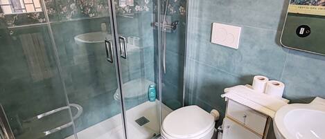 A modern bathroom with a glass-enclosed shower, a white sink, a toilet, and a vanity with a mirror.
