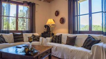 Televisie, een open haard, een dvd-speler en een stereo