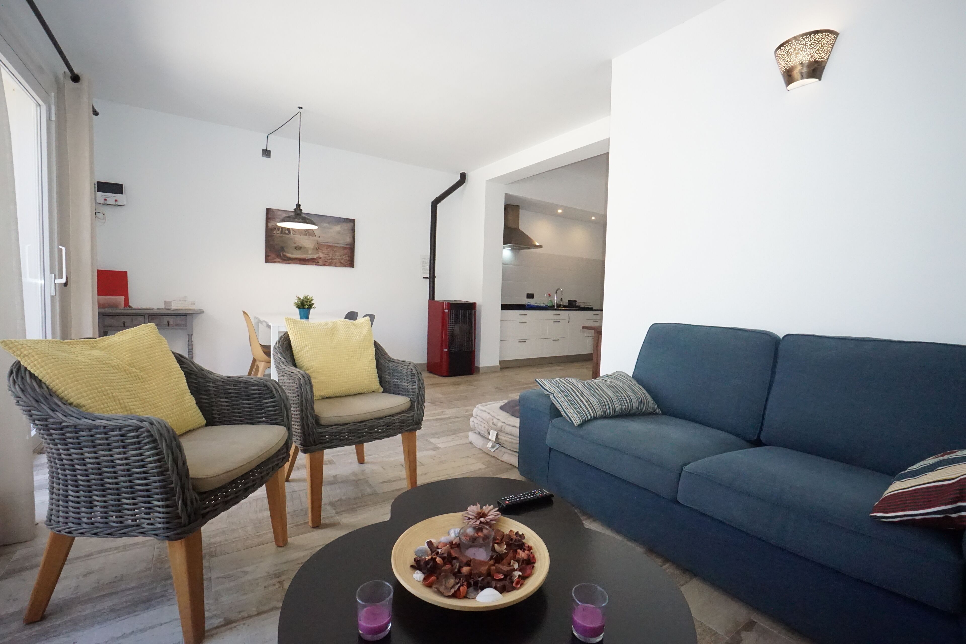 Smart TV, fireplace, books