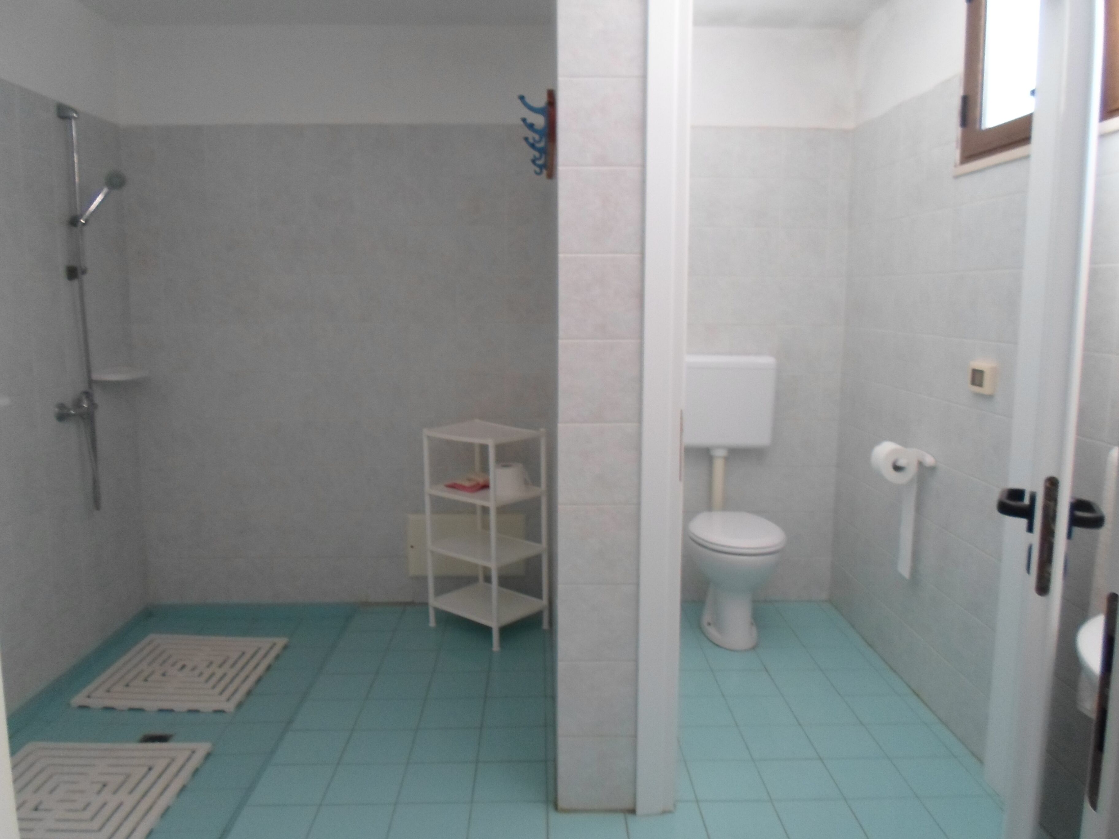 Une salle de bain avec des toilettes blanches, une douche et une étagère blanche.