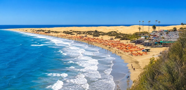 Une plage cĂŽtiĂšre avec un rivage sablonneux, une mer dâun bleu limpide et une ville avec des bĂątiments et des palmiers.
