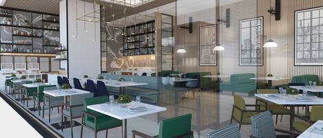 Un restaurante moderno con diversas opciones de asientos, incluyendo mesas y cabinas, y una zona de bar con estantes llenos de botellas.