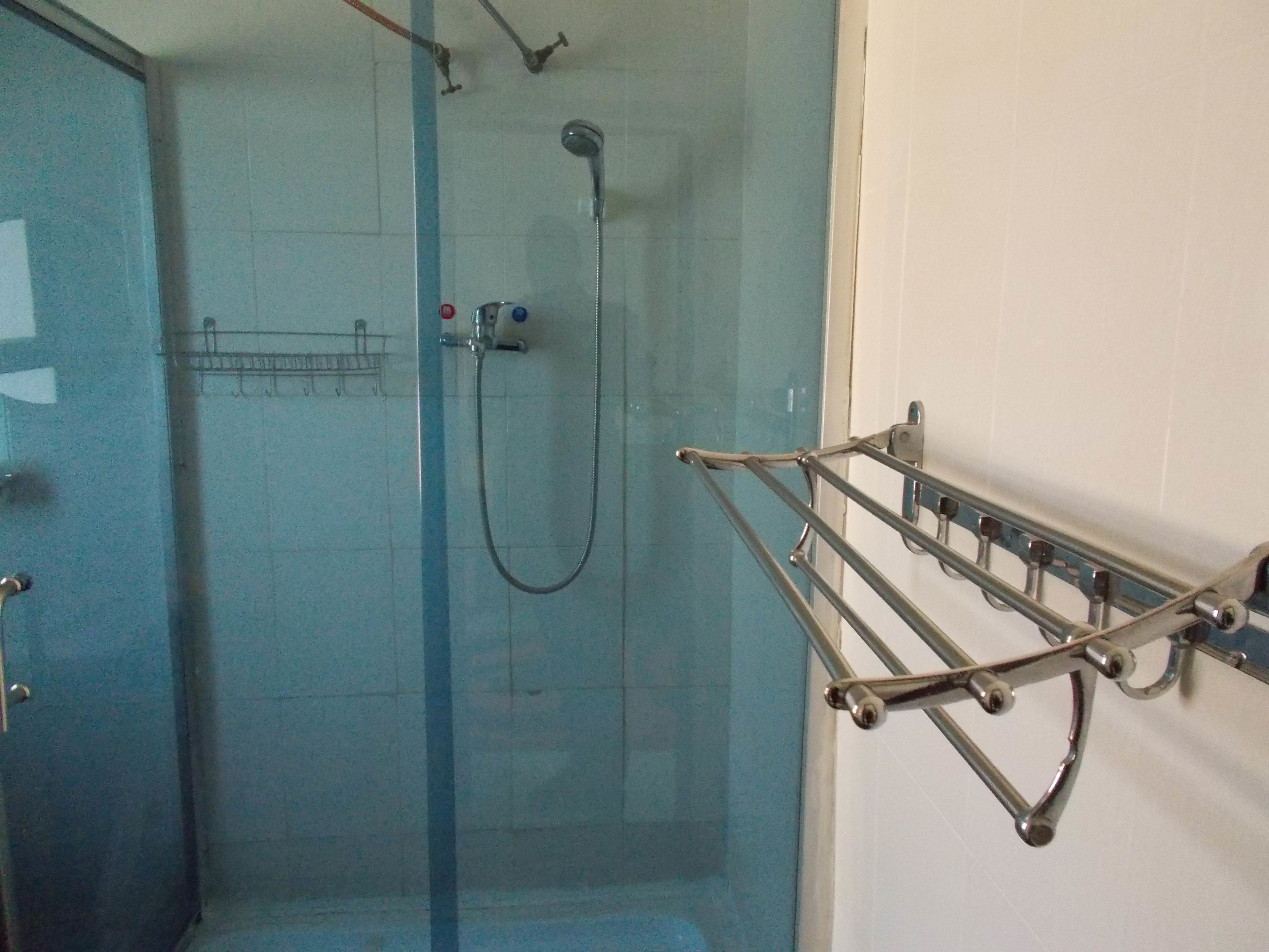 Un área de ducha con paredes de vidrio y un perchero metálico para toallas.