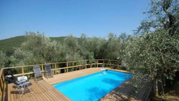 A wooden deck with a swimming pool, surrounded by olive trees and hills.