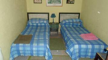 Una habitación pequeña con dos camas, cada una con ropa de cama a cuadros azules y blancos. Hay dos cuadros enmarcados en la pared, una mesita con una lámpara y un tapete verde en el suelo.