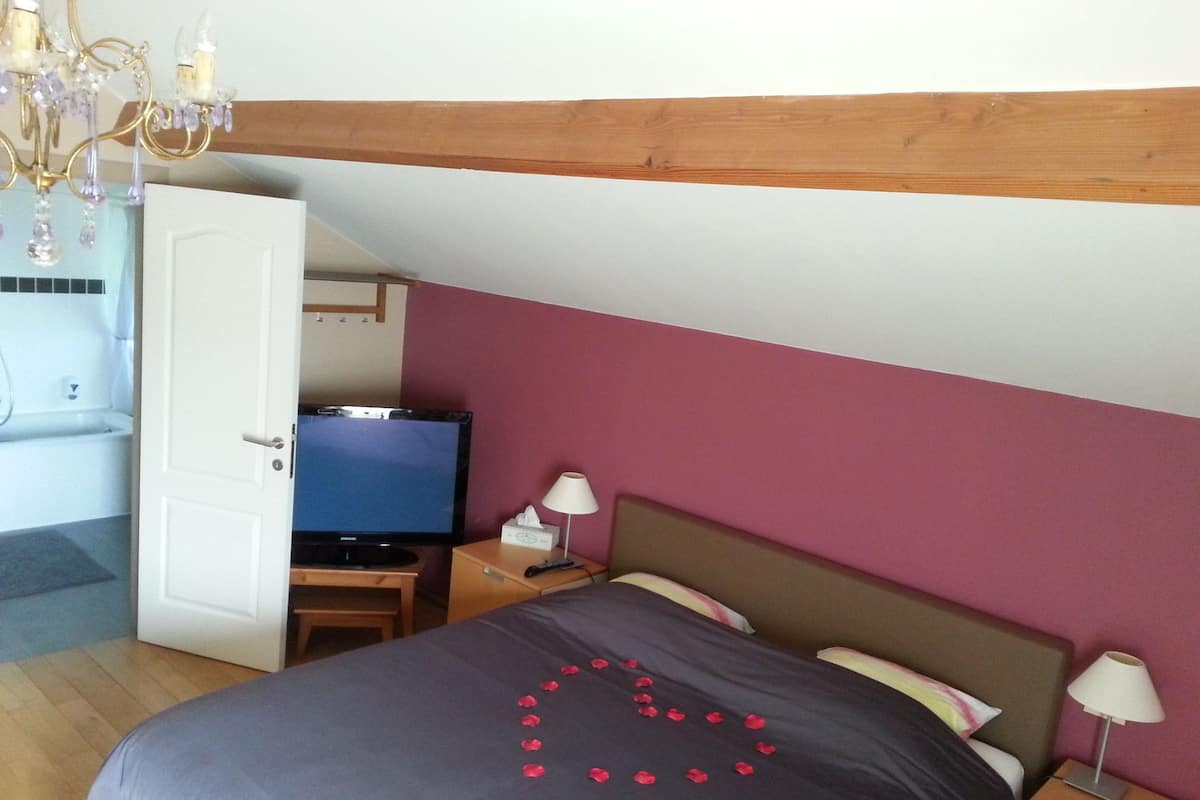 A bedroom with a bed, a television, a nightstand, a lamp, and a chandelier.