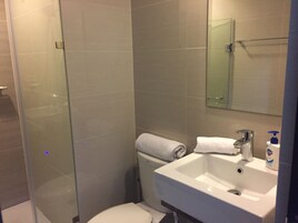 A modern bathroom with a glass shower enclosure, a white sink, and a toilet.