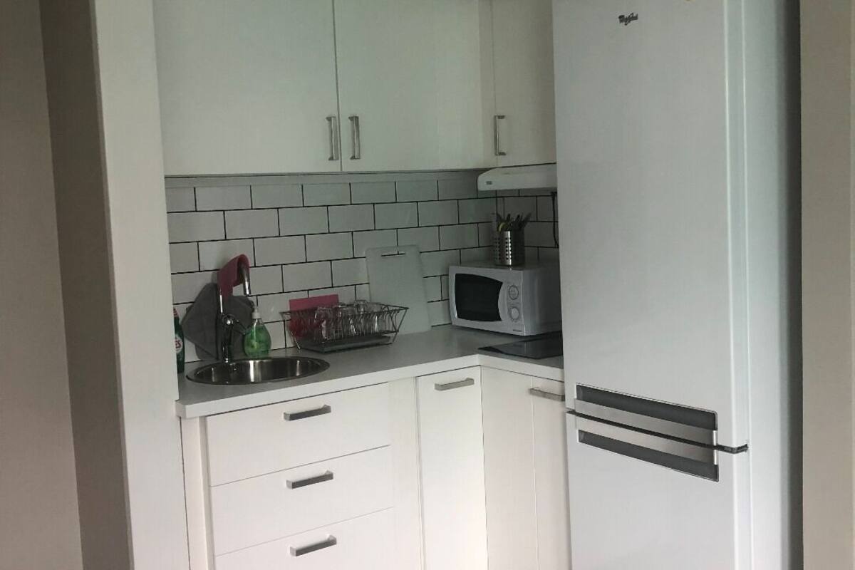 fridge, microwave, stovetop, electric kettle