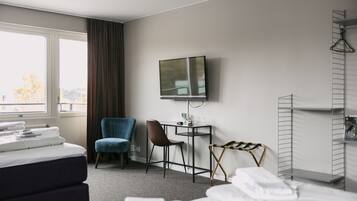 Family Room (Shared Bathroom) | Desk, blackout drapes, iron/ironing board, rollaway beds