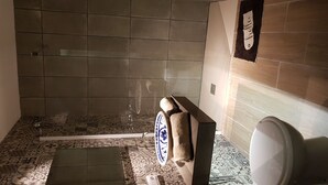 A bathroom with patterned tiles, a toilet, a towel rack, and a shower area. - Mansion Alba "a dream" (Alcaudete)