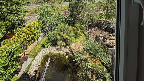 A view from a window overlooking a landscaped garden with a pond, trees, and a distant hill. - Loreley Guesthouses (Sankt Goar)