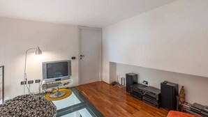 A modern living room with a flat-screen TV, a sofa, a coffee table, a lamp, a fireplace, and a fireplace screen. - Apartment to rent in via Venezia in Florence by Mmega (Firenze)