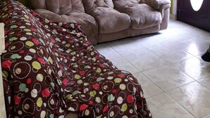 Et værelse med en grøn væg, en brun sofa, et mønstret tæppe, en loftsvifte og et indrammet billede.