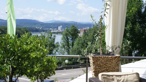 A balcony with a view of a river, trees, and distant buildings.