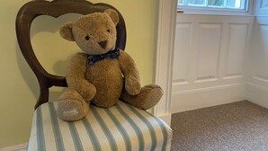 A teddy bear sitting on a striped chair in a room with a window and a door.