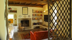 A cozy living room with a fireplace, bookshelves, and a red armchair.