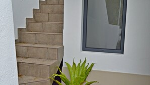 A staircase with beige tiles, a potted plant, and a window with a dark frame. - Relaxing Casa do Atlântico - Funchal (Funchal)