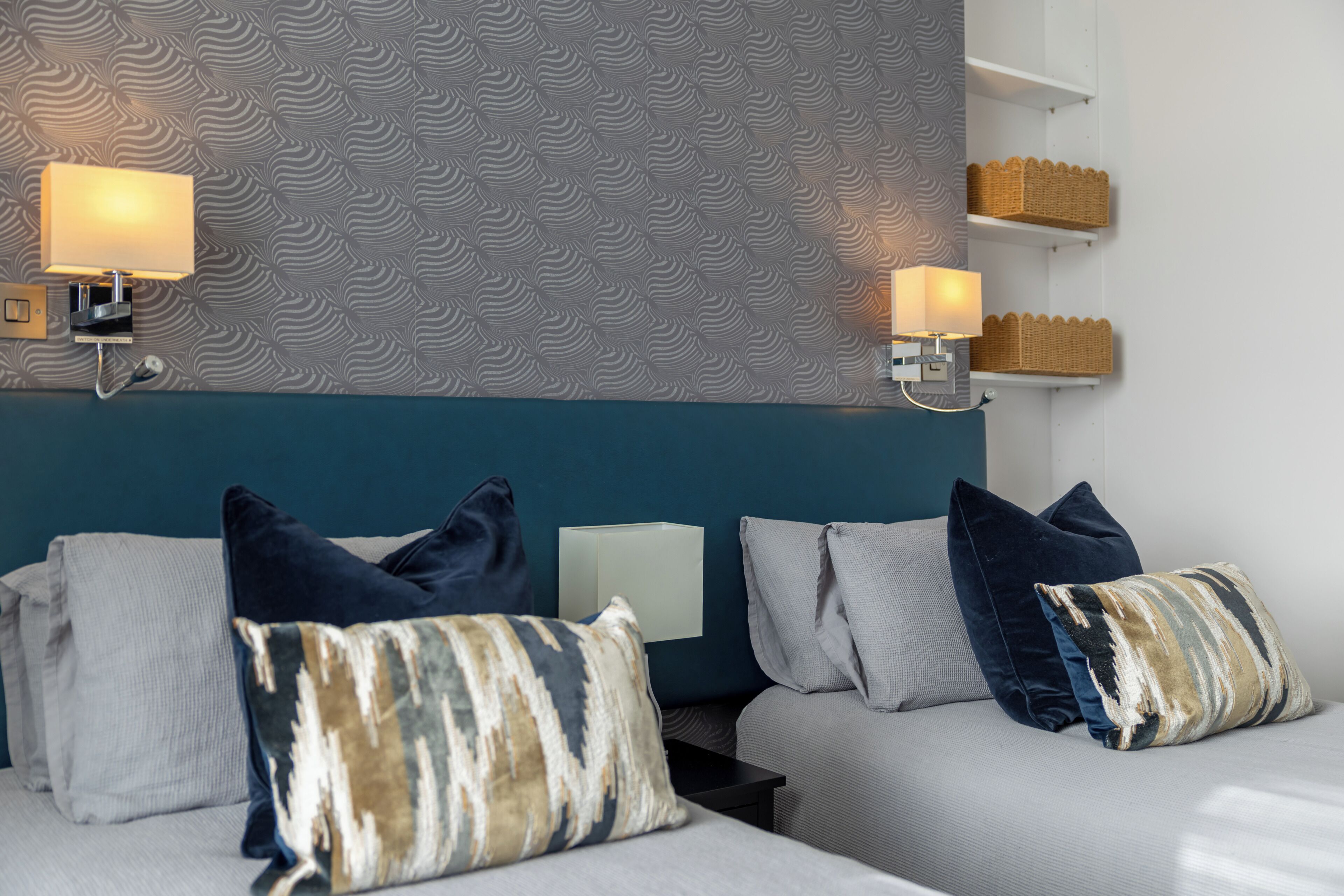 2 bedrooms, desk, blackout curtains, iron/ironing board