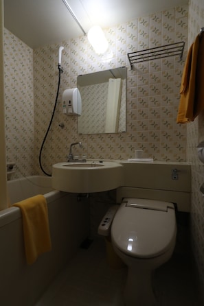 Combined shower/tub, free toiletries, hair dryer, towels