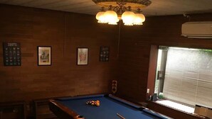 Une table de billard avec une queue, un porte-billes et un lustre.