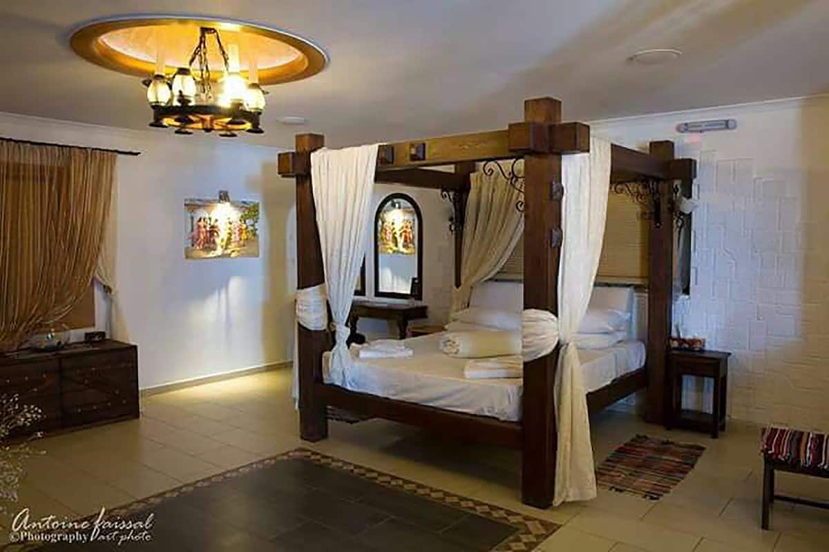 A four-poster bed with a canopy, a chandelier, a mirror, and a small bedside table.