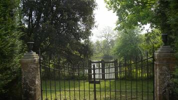 Una entrada con reja y un camino pavimentado que atraviesa una zona verde exuberante.