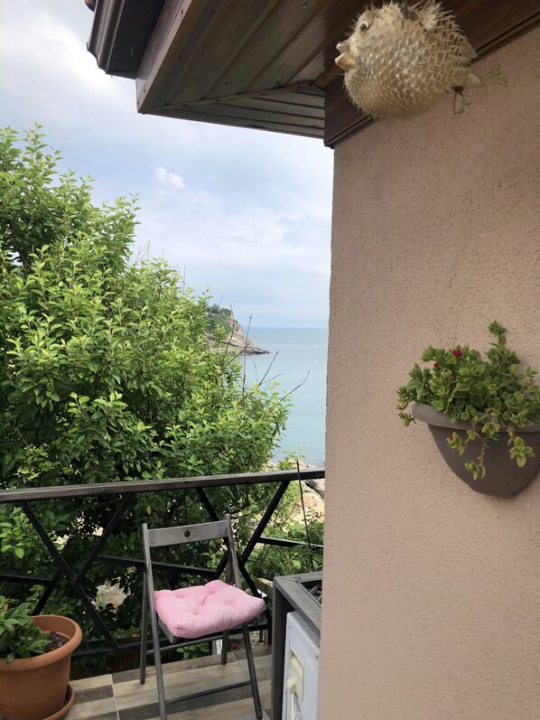 A balcony with a chair, a potted plant, and a view of the sea. - Frau Guler (Amasra)