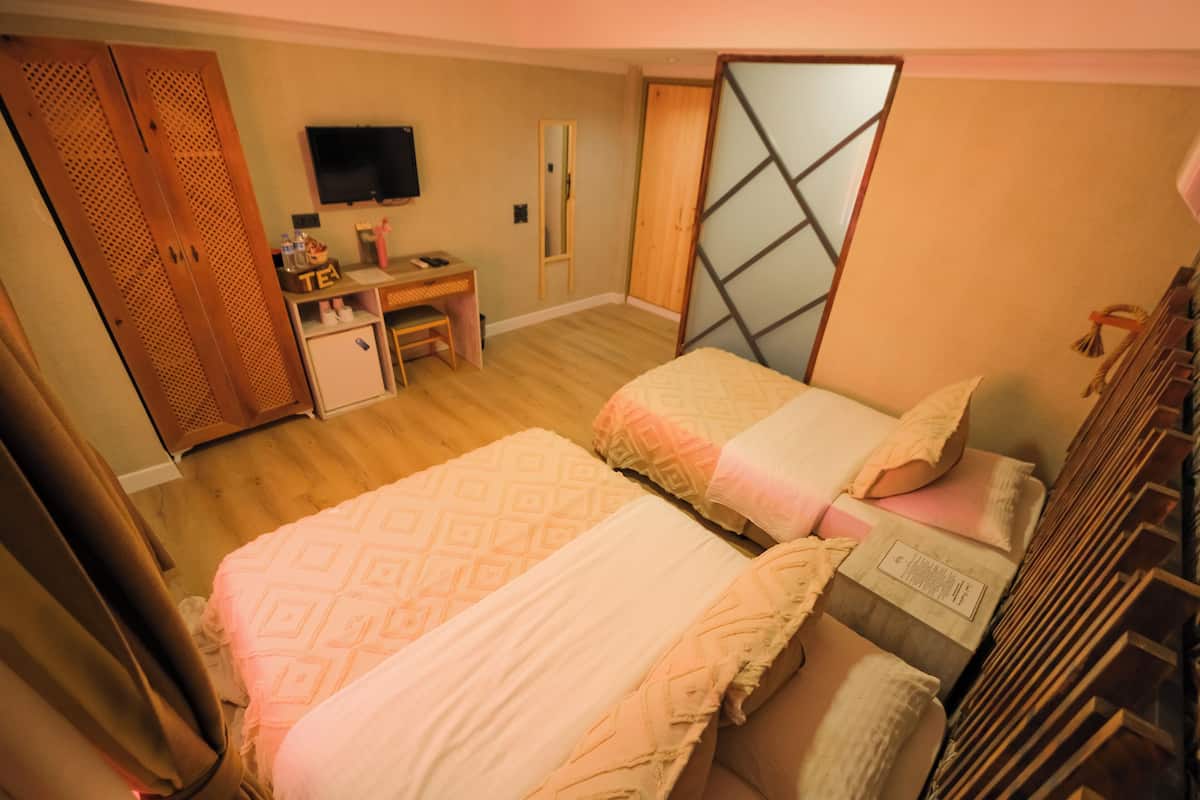 A bedroom with two beds, a desk, a TV, and a wardrobe.