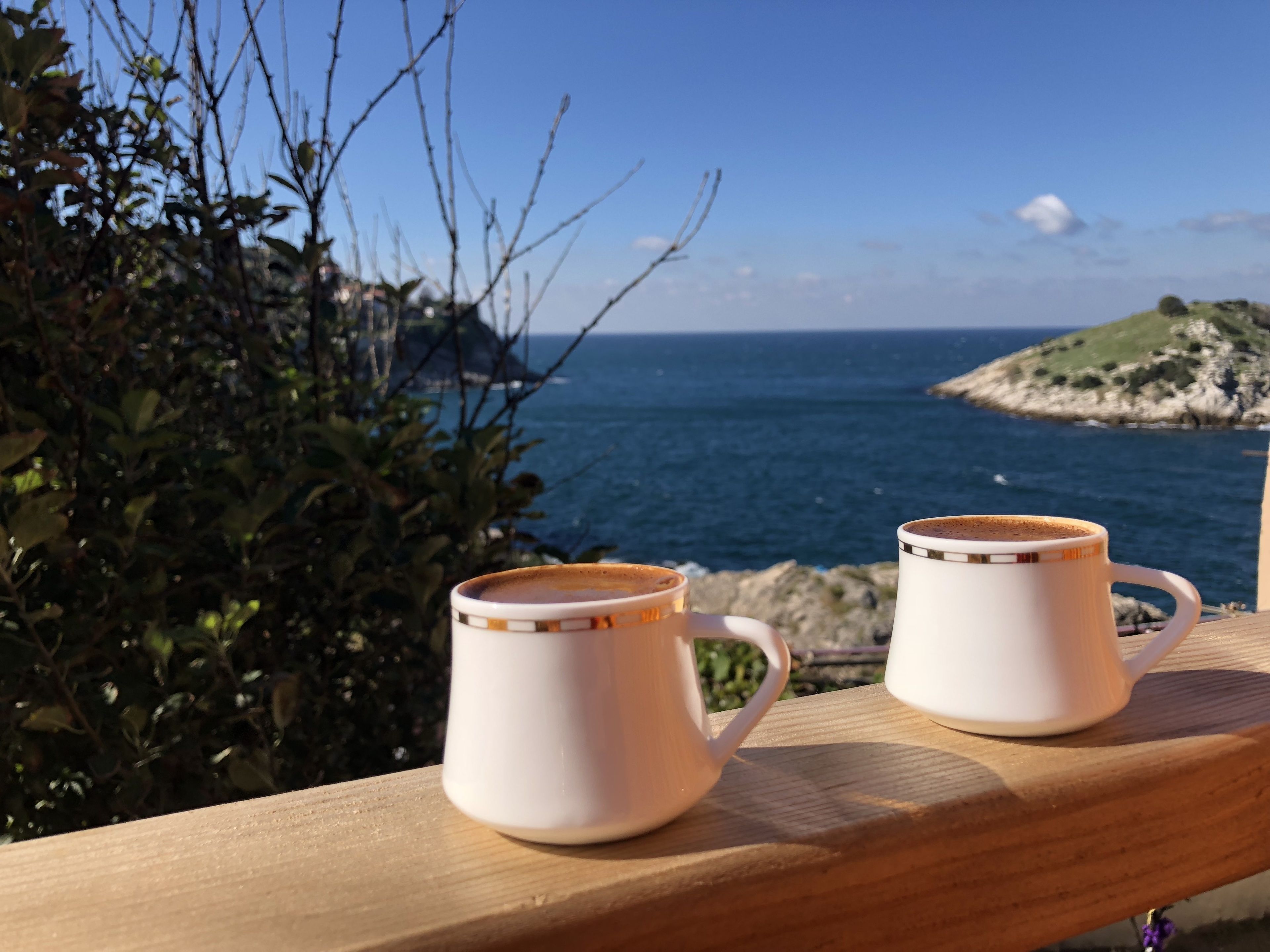Two white coffee cups on a wooden railing with a view of the sea and a rocky island in the background.