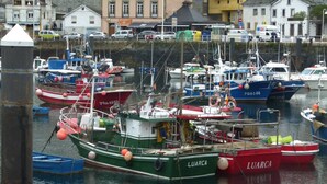 A harbor with multiple boats docked, including a green and red boat named 'LUARCA'.